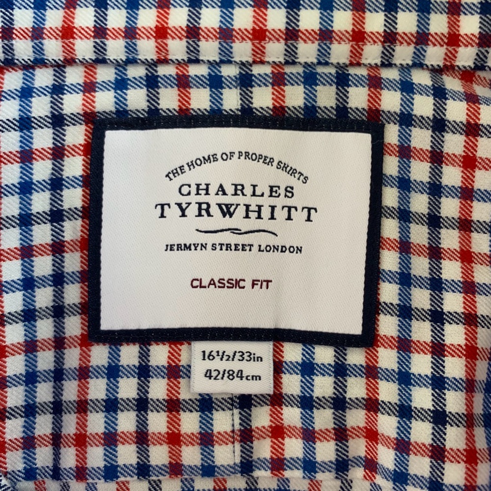 Charles Tyrwhitt Red and Navy Plaid Dress Shirt, 16 1/2, 33